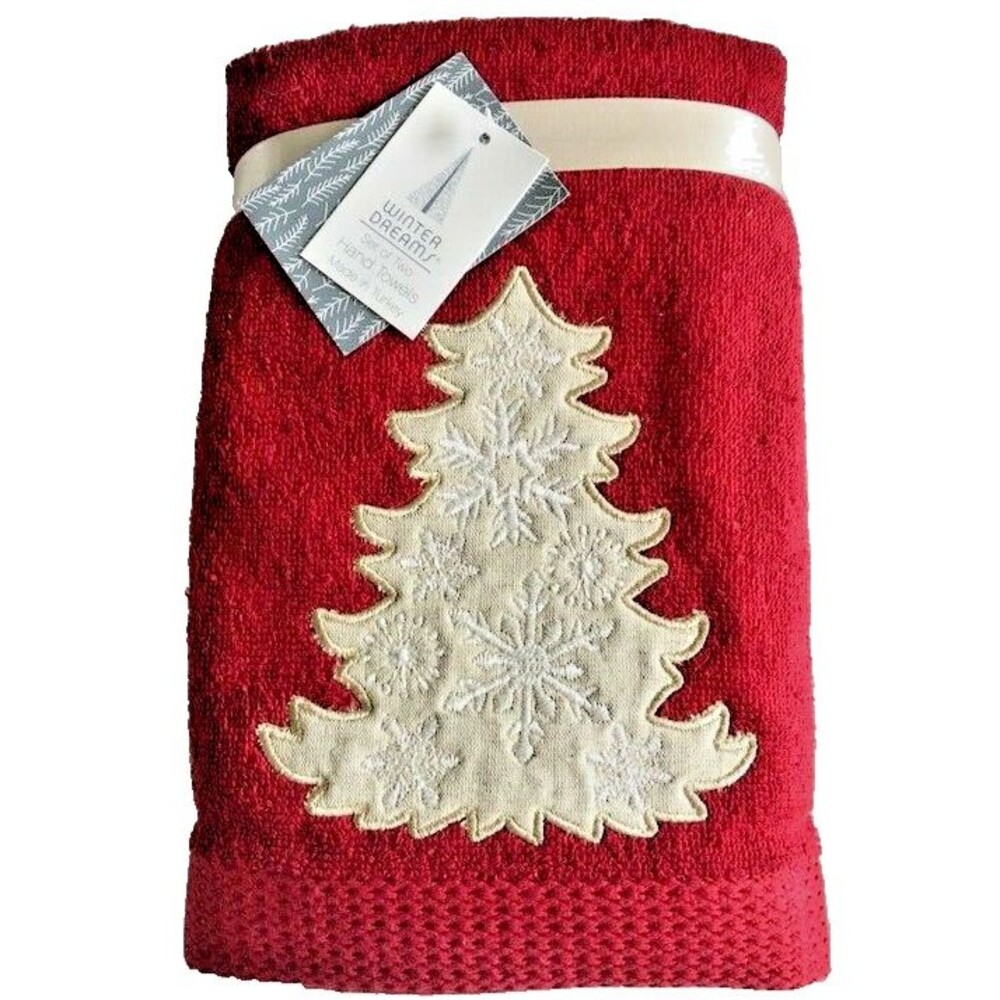 Christmas Tree Hand Towels Snowflake Appliqued Holiday Embroidered Red Set of 2